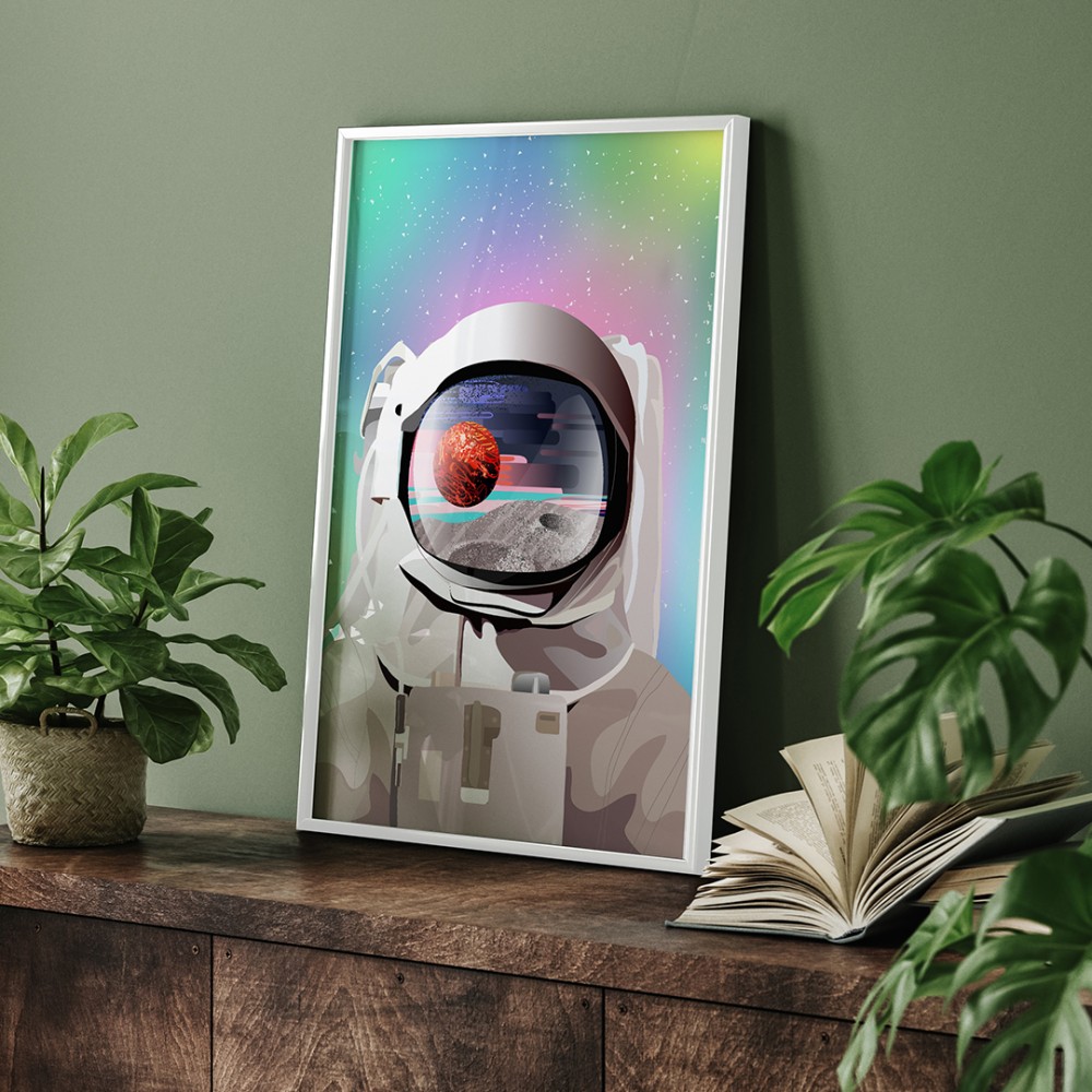 Dekoratif Astronot Selfie Beyaz Çerçeveli Tablo