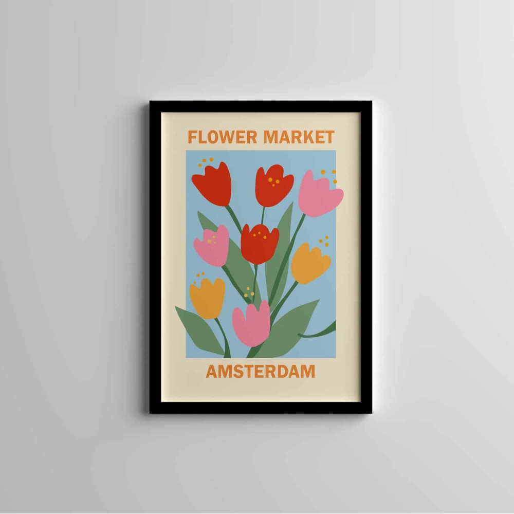 Dekoratif Flower Market Amsterdam Siyah Çerçeveli Tablo