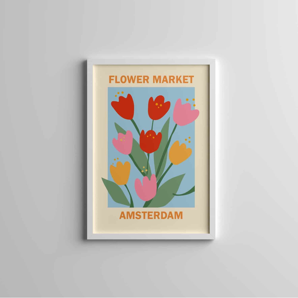 Dekoratif Flower Market Amsterdam Beyaz Çerçeveli Tablo