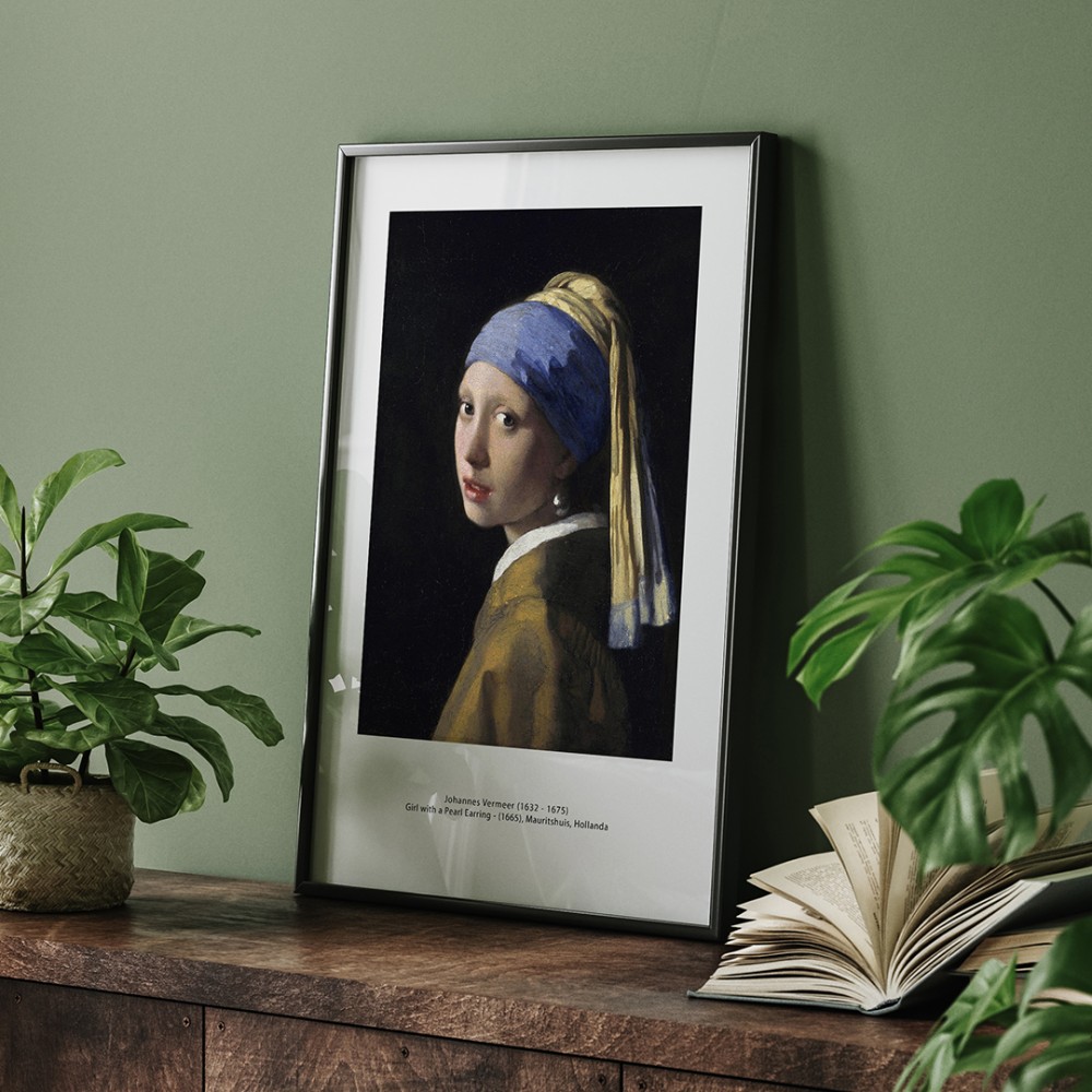 Dekoratif İnci Küpeli Kız Siyah Çerçeveli Tablo