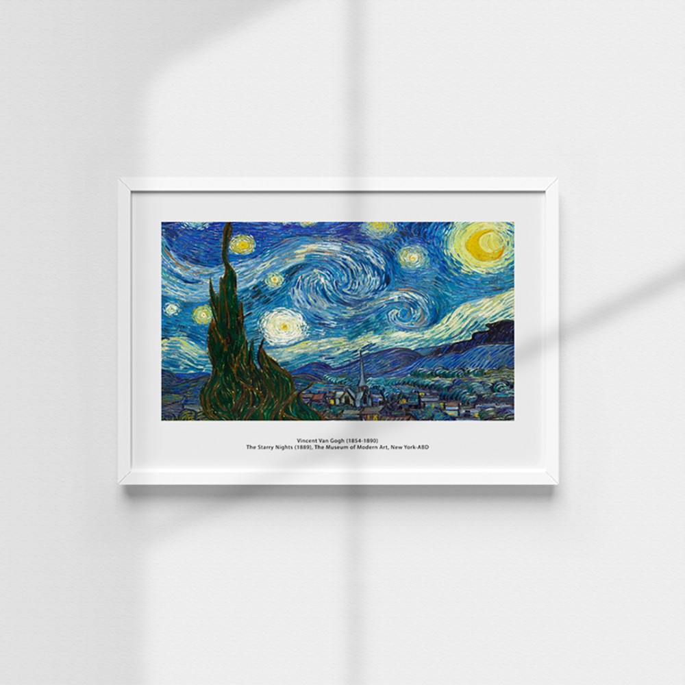 Dekoratif Van Gogh Yıldızlı Gece Beyaz Çerçeveli Tablo